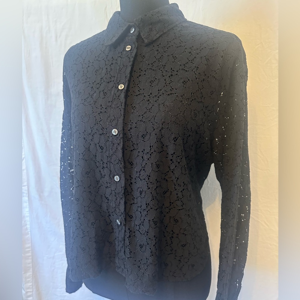GAP Black Lace Button Down Shirt Sheer Floral Collared Blouse – Size L - Picture 2 of 8